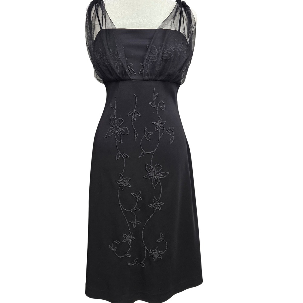 Betsy & Adam Black Beaded Floral Mesh Overlay Cocktail Dress Midi Womens